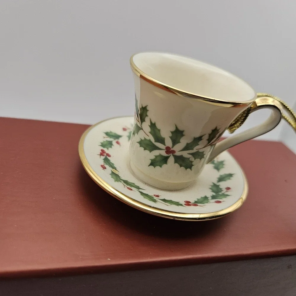 Lenox Hanging Cup & Saucer Ornament, White/Green/Red/Gold Floral Christmas